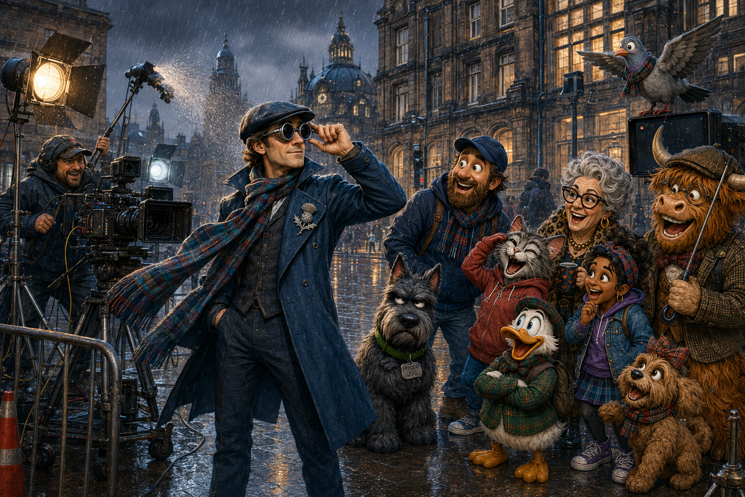 The Weegie Universe gang visiting a rainy Glasgow film set